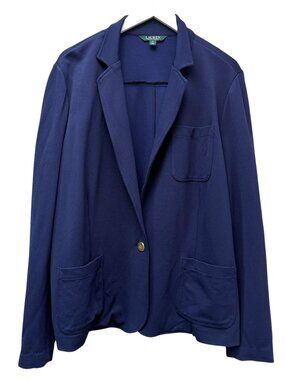 LAUREN Ralph Lauren Stretch Blazer Plus Size 2X Blue Jacket Logo Gold Buttons